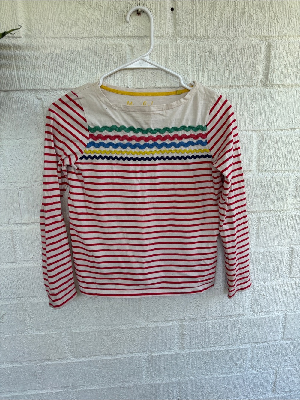 Mini Boden Red & White Striped Long-Sleeve Tee with Multicolor Rickrack sz 11/12
